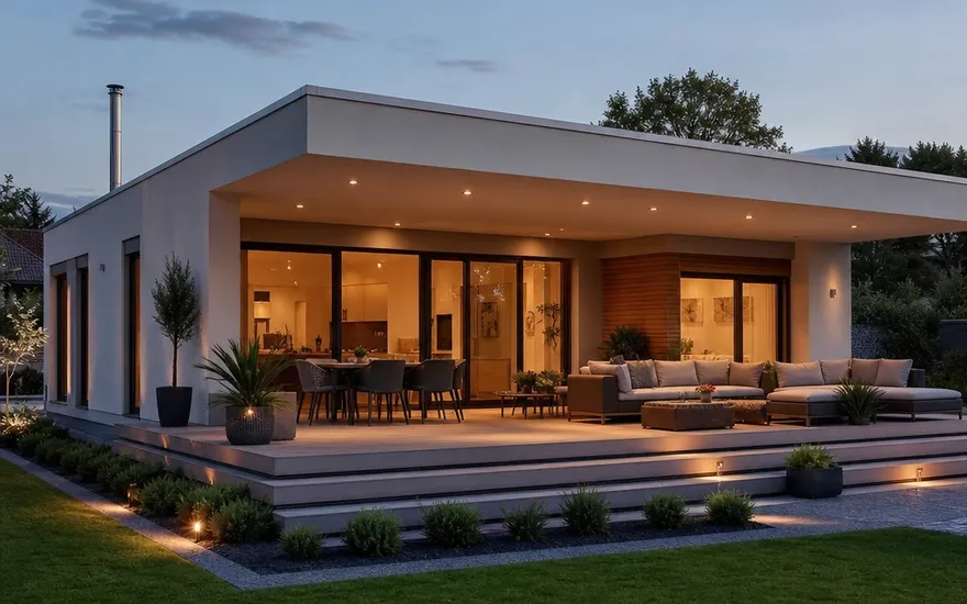 Moderner Bungalow schlüsselfertig mit Flachdach, großer Terrasse und Garten – ebenerdig wohnen im Fertighaus-Bungalow