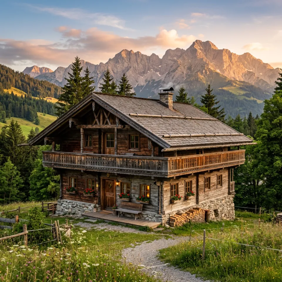 Chalet im Alpenstil mit flachem Satteldach, weitem Dachüberstand und Holzfassade vor Bergkulisse – Chalet als Fertighaus 2026 Chalet im Alpenstil mit flachem Satteldach, weitem Dachüberstand und Holzfassade vor Bergkulisse – Chalet als Fertighaus 2026