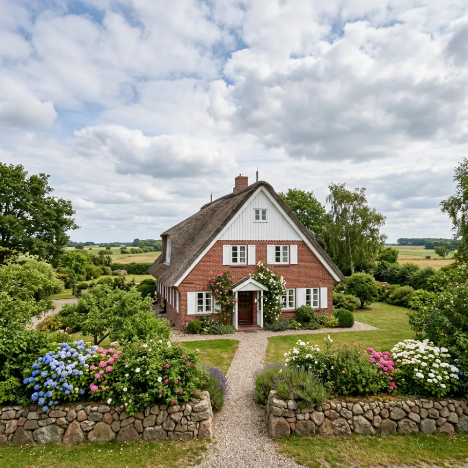 Friesenhaus mit rotem Klinker, weißen Sprossenfenstern und steilem Reetdach an der Nordseeküste – Friesenhaus als Fertighaus 2026 Friesenhaus mit rotem Klinker, weißen Sprossenfenstern und steilem Reetdach an der Nordseeküste – Friesenhaus als Fertighaus 2026