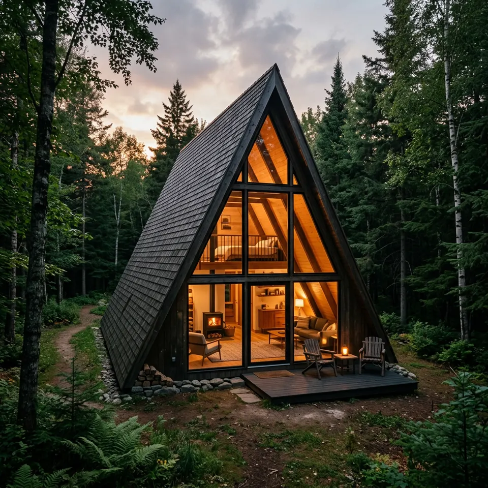 A-Frame-Haus (Nurdachhaus) mit steilem, dreieckigem Satteldach bis zum Boden und großer Giebelverglasung am Waldrand – Fertighaus 2026 A-Frame-Haus (Nurdachhaus) mit steilem, dreieckigem Satteldach bis zum Boden und großer Giebelverglasung am Waldrand – Fertighaus 2026