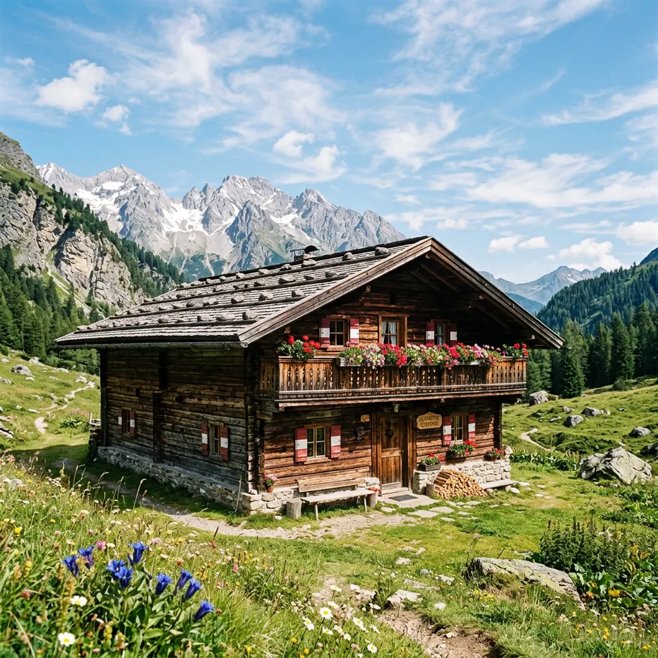 Rustikale Almhütte aus Massivholz mit flach geneigtem Dach, Holzbalkon und Steinsockel vor Bergkulisse – Berghütte als Fertighaus 2026 Rustikale Almhütte aus Massivholz mit flach geneigtem Dach, Holzbalkon und Steinsockel vor Bergkulisse – Berghütte als Fertighaus 2026