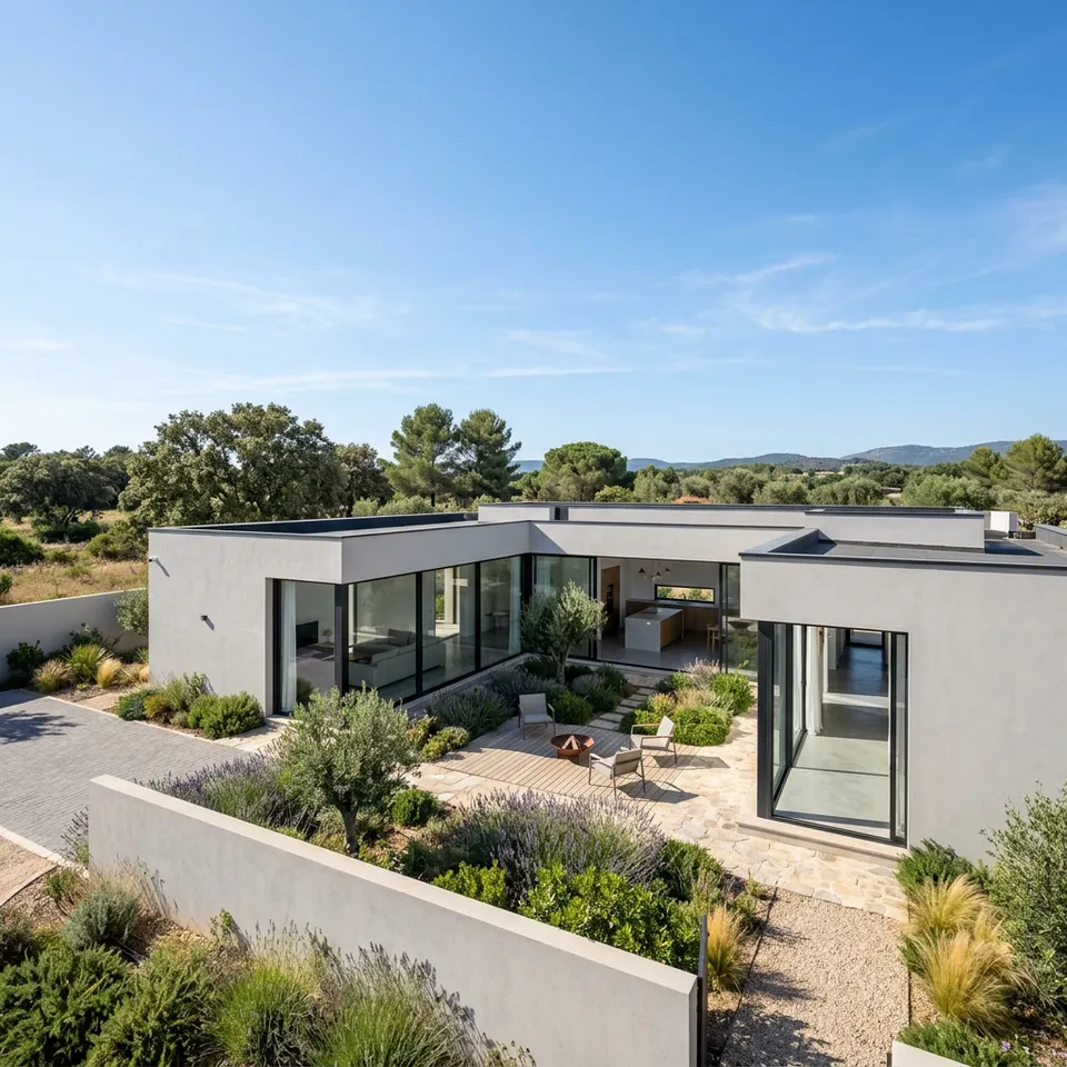 Ebenerdiges Atriumhaus mit begrüntem Innenhof, umlaufender Verglasung und flachem Dach – nach innen orientiertes Wohnen als Fertighaus 2026 Ebenerdiges Atriumhaus mit begrüntem Innenhof, umlaufender Verglasung und flachem Dach – nach innen orientiertes Wohnen als Fertighaus 2026