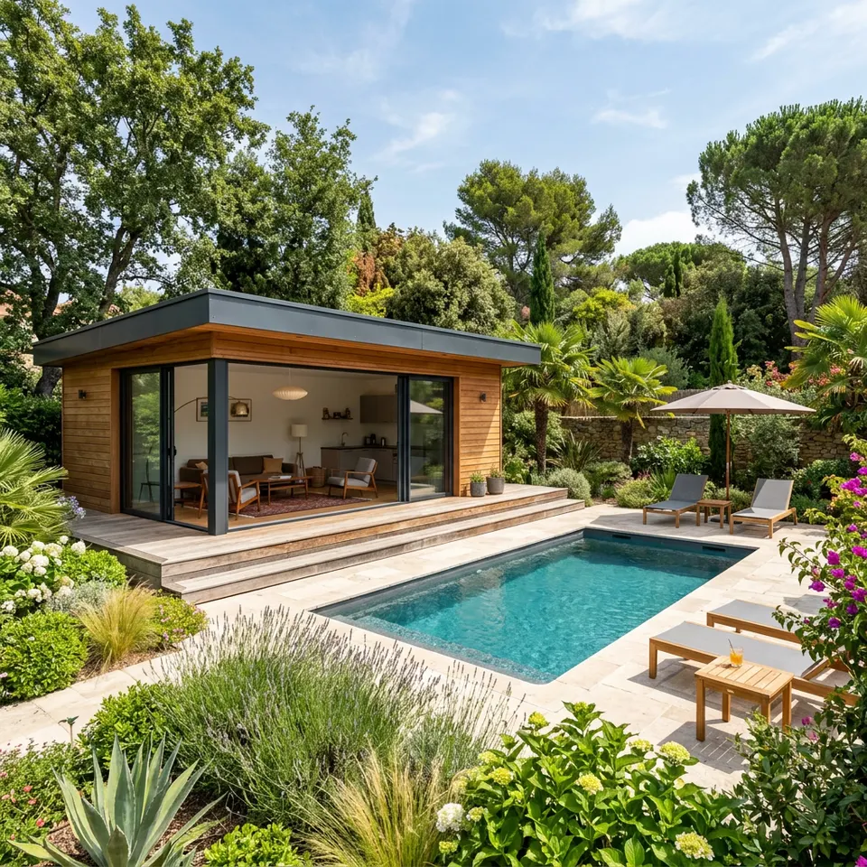Modernes Poolhaus mit Flachdach, Holzfassade und überdachter Terrasse neben einem Pool im Garten – Garten- und Poolhaus 2026 Modernes Poolhaus mit Flachdach, Holzfassade und überdachter Terrasse neben einem Pool im Garten – Garten- und Poolhaus 2026