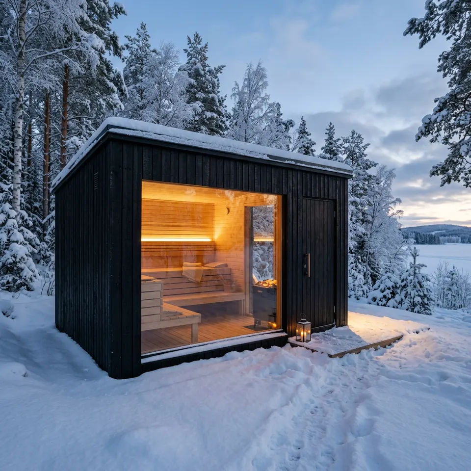 Kompaktes Saunahaus aus Holz mit kleiner Terrasse und Panoramafenster im Garten – Gartensauna als Fertigbau 2026 Kompaktes Saunahaus aus Holz mit kleiner Terrasse und Panoramafenster im Garten – Gartensauna als Fertigbau 2026