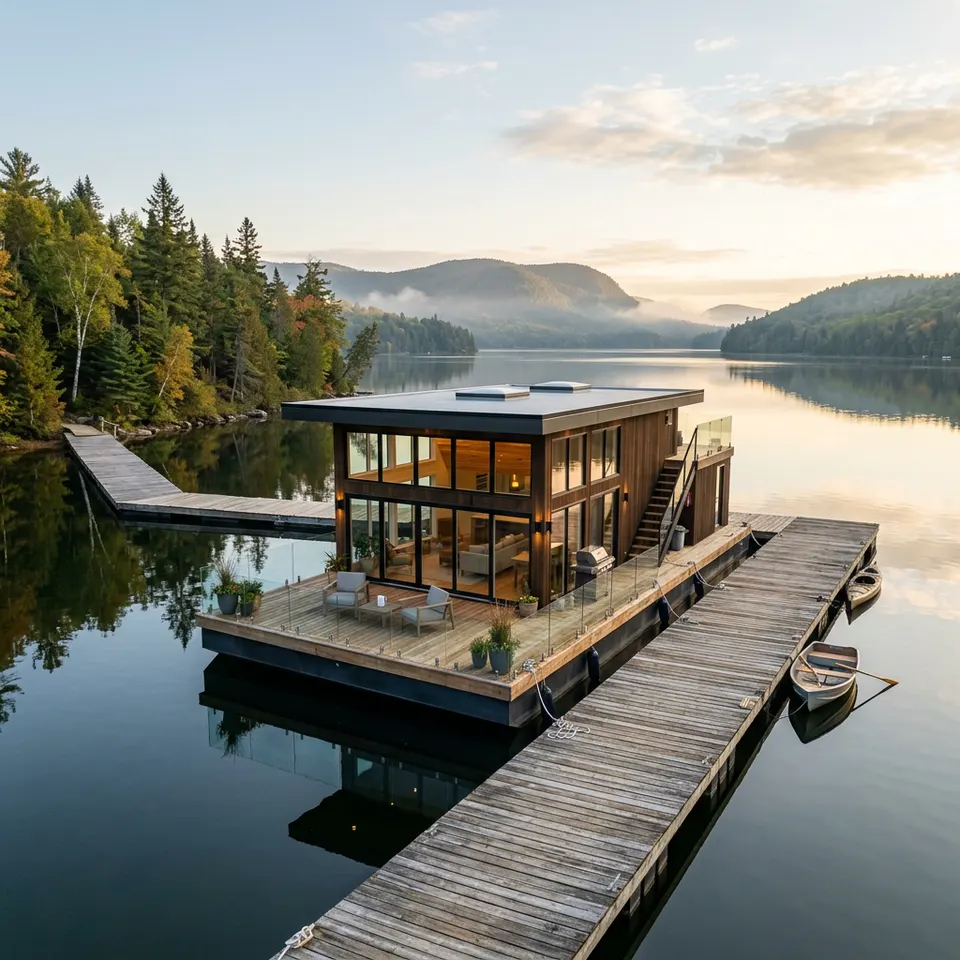 Schwimmendes Haus als Floating Home mit Holzfassade, Dachterrasse und Steg auf einem ruhigen Gewässer – Wohnen auf dem Wasser 2026 Schwimmendes Haus als Floating Home mit Holzfassade, Dachterrasse und Steg auf einem ruhigen Gewässer – Wohnen auf dem Wasser 2026
