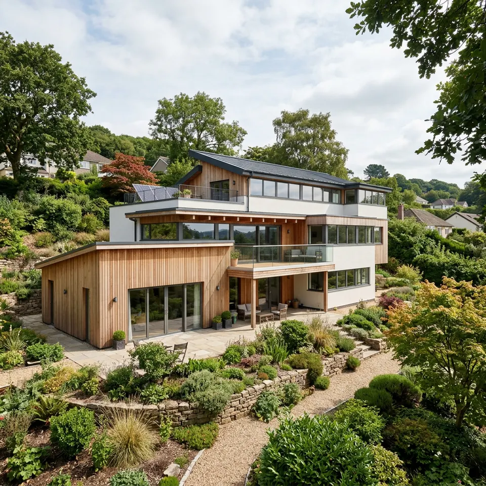 Modernes Split-Level-Haus mit versetzten Halbgeschossen, offener Treppe und großen Fensterflächen – Fertighaus 2026 Modernes Split-Level-Haus mit versetzten Halbgeschossen, offener Treppe und großen Fensterflächen – Fertighaus 2026