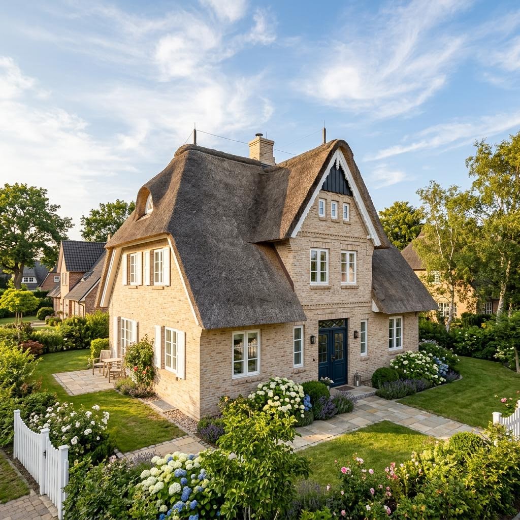 Friesenhaus Reetgiebel von Albert Haus mit hellem Klinker und Sprossenfenstern