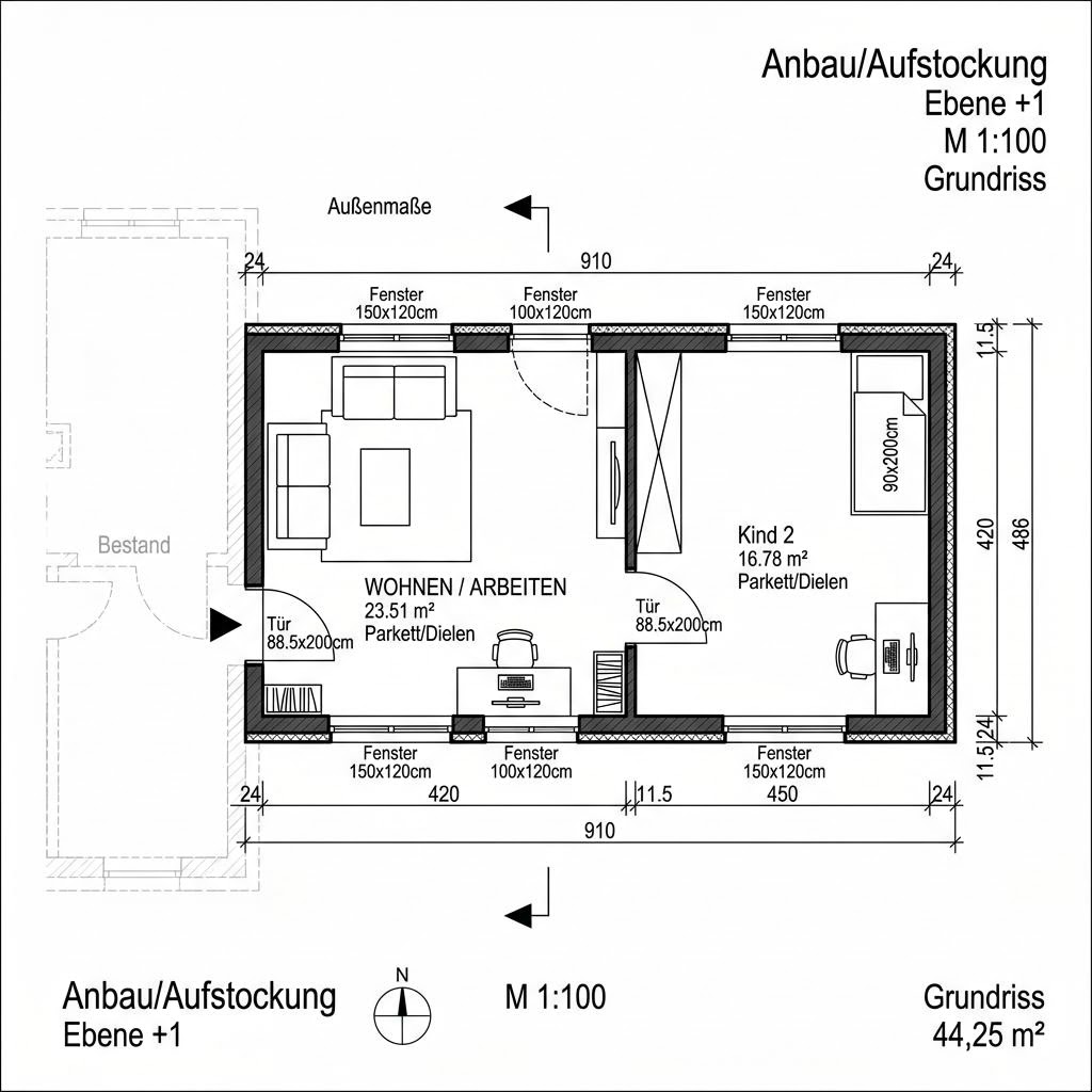 Grundriss Aufstockung Modul 44 von CABIN ONE — 44 m², 2 Zimmer