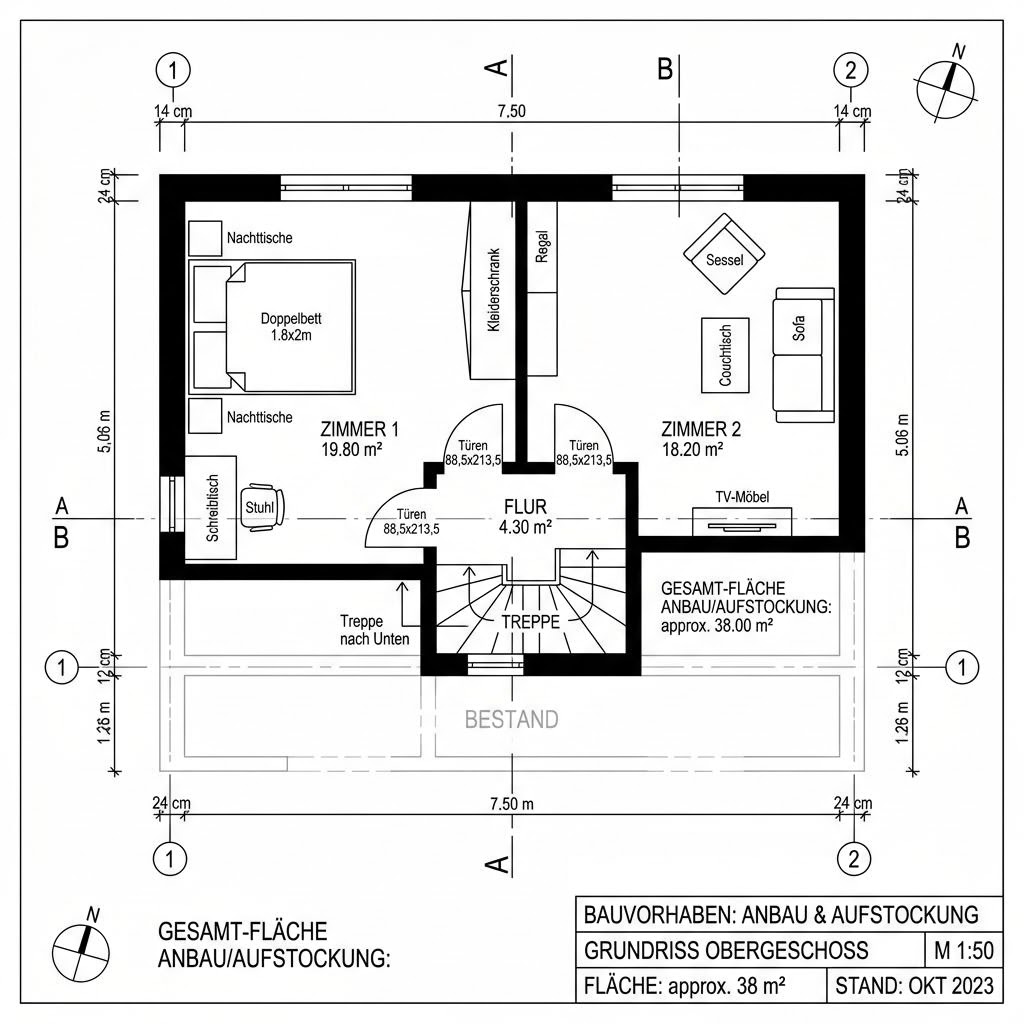 Grundriss COMMOD Anbau Modul 38 – 38 m² Anbau / Aufstockung mit 2 Zimmern