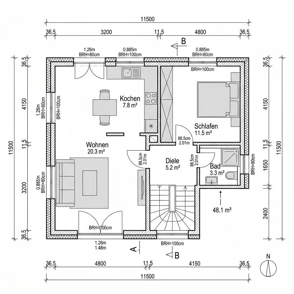 Grundriss Anbau Modul 48 – 48 m² Anbau / Aufstockung mit 2 Zimmern