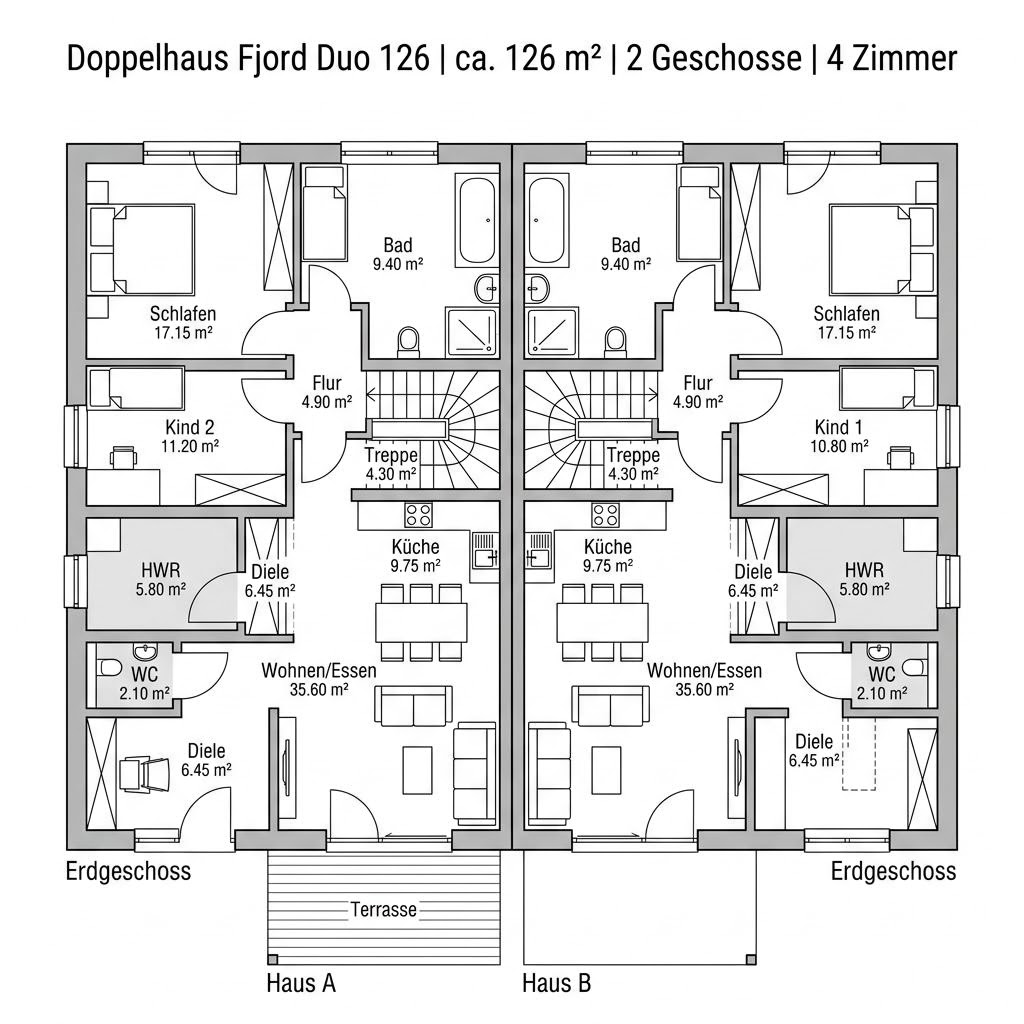 Grundriss Doppelhaus Fjord Duo 126 von Bärenhaus — 126 m², 4 Zimmer
