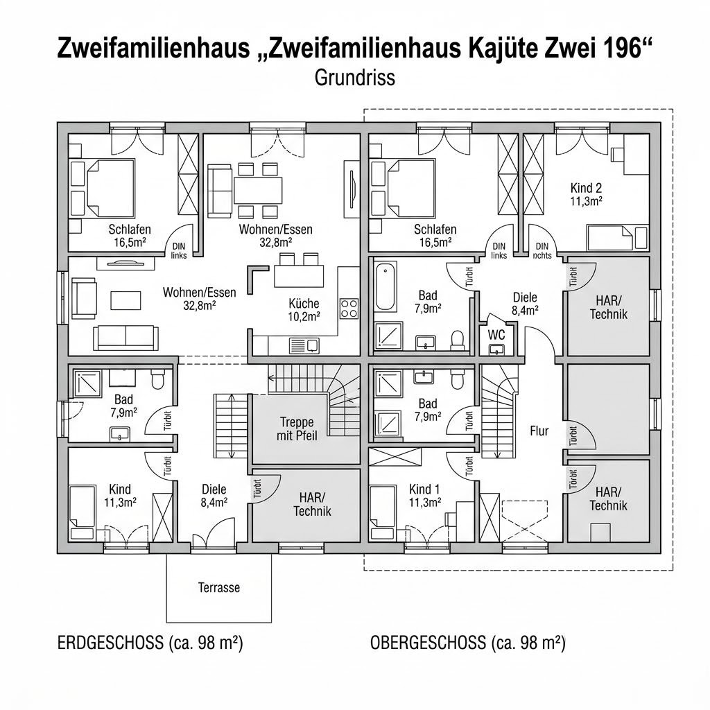 Grundriss Zweifamilienhaus Kajüte Zwei 196 von Bärenhaus — 196 m², 7 Zimmer