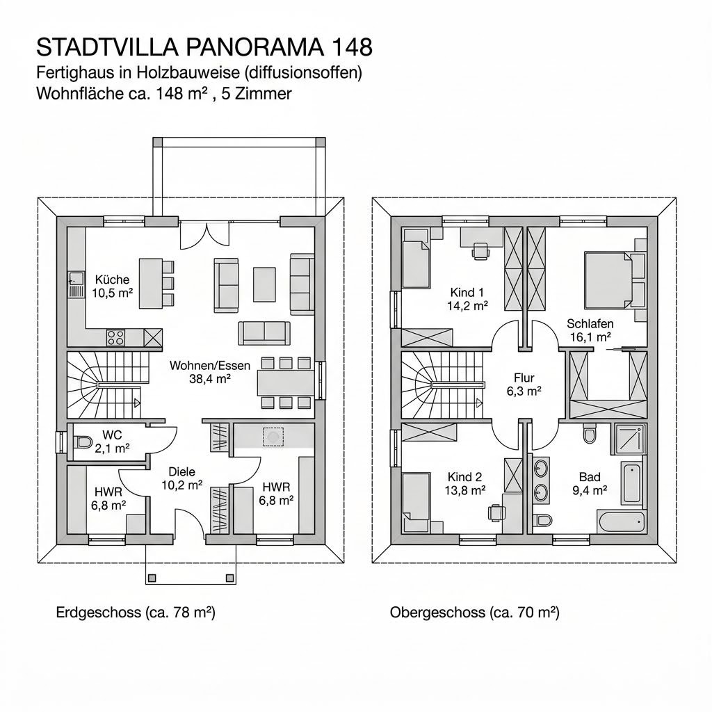 Stadtvilla Panorama 148 von Baufritz mit Walmdach und großer Eckverglasung