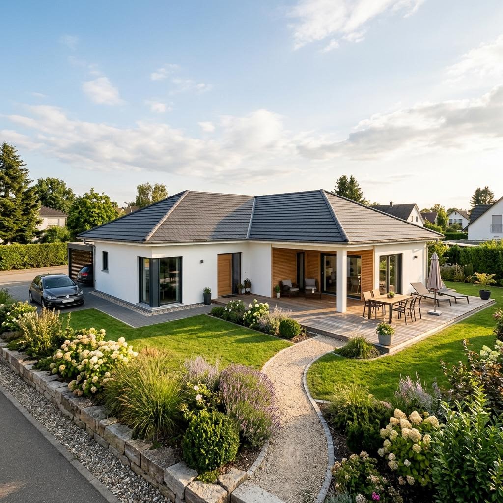 Kompakter Winkelbungalow Purea 130 von bien-zenker mit Walmdach und Terrasse