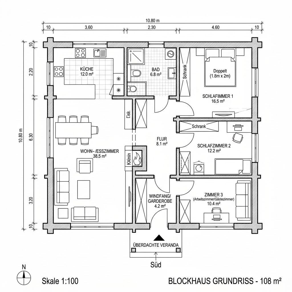 Blockhaus Natur 108 von KD-Haus — Blockbohlenbau aus Massivholz mit rund 108 m²