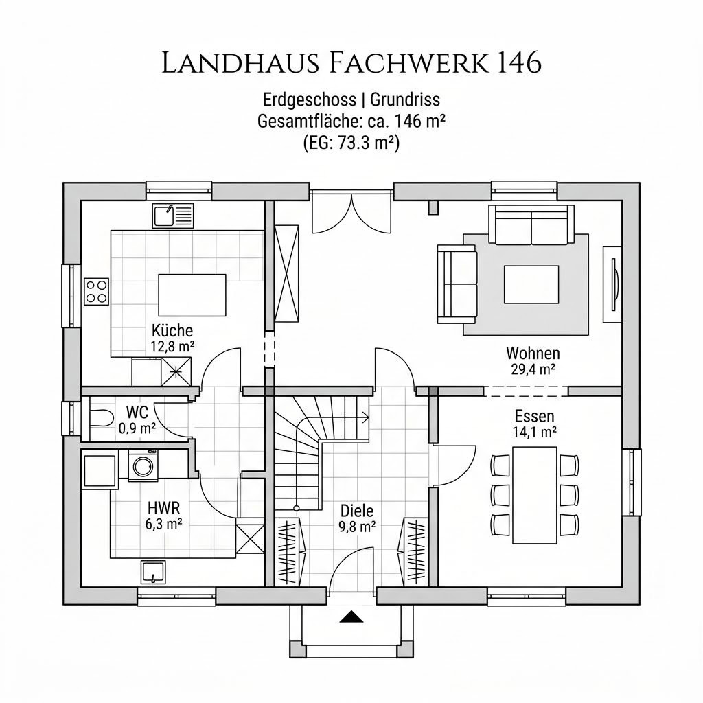 Grundriss Landhaus Fachwerk 146 von Büdenbender Hausbau — 146 m², 5 Zimmer