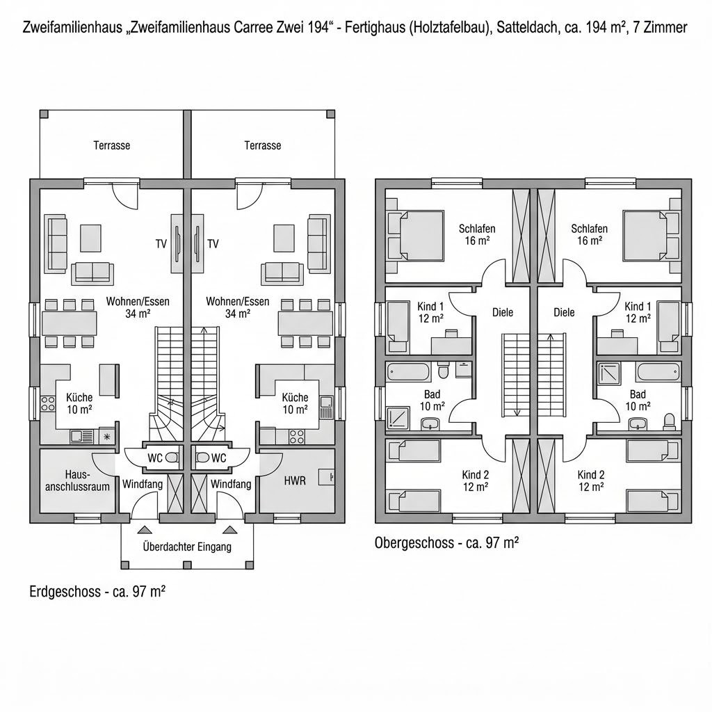 Grundriss Zweifamilienhaus Carree Zwei 194 von Büdenbender Hausbau — 194 m², 7 Zimmer