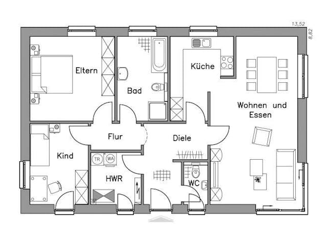 Grundriss Bungalow BL 95 Variante M – 94 m² Bungalow mit 3 Zimmern