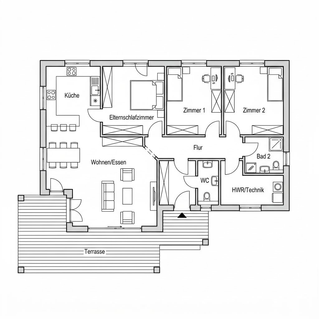 Grundriss Fanø – 129 m² Bungalow mit 4 Zimmern