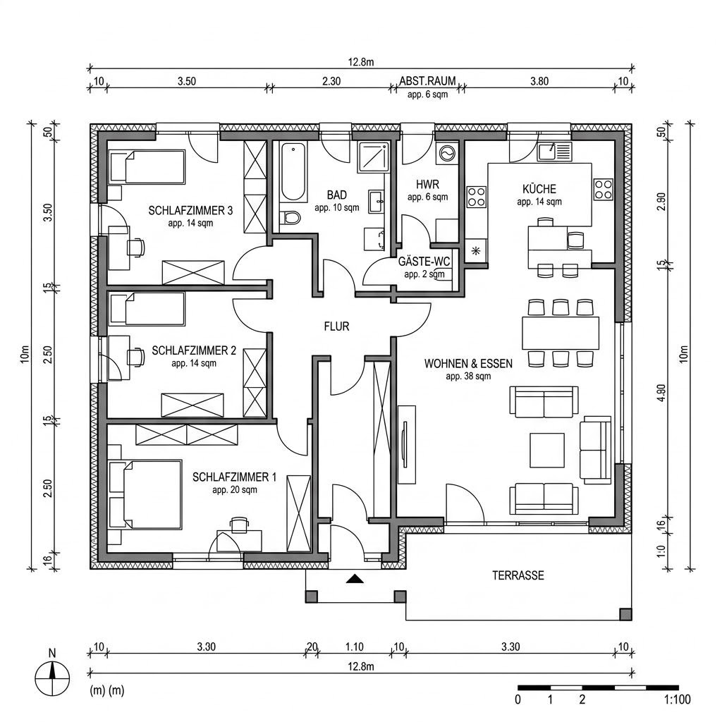 Grundriss Bungalow Buche 128 von Frammelsberger Holzhaus — 128 m², 4 Zimmer