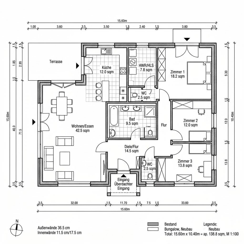 Grundriss Bungalow 138 von Haacke Haus — 138 m², 5 Zimmer