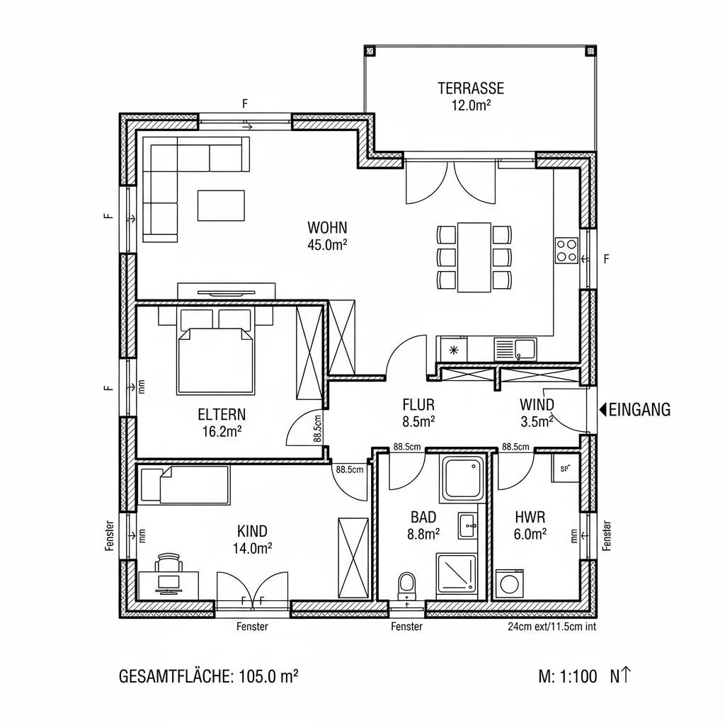 Grundriss Bungalow 105 Grundriss Bungalow 105 von Hartl Haus