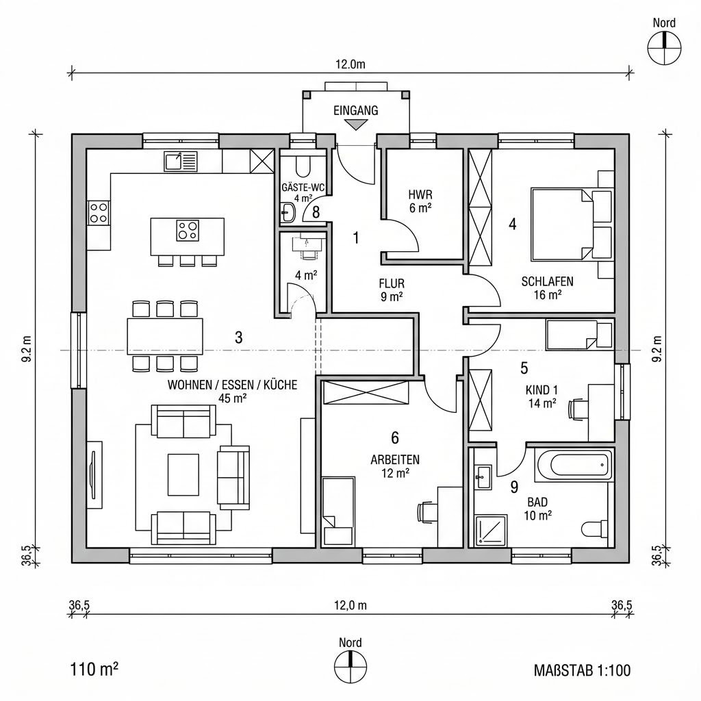 Grundriss Bungalow 110 von HELMA Eigenheimbau