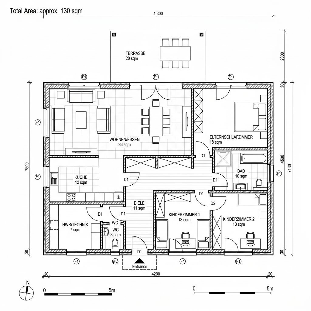 Grundriss Bungalow 130 von HELMA Eigenheimbau