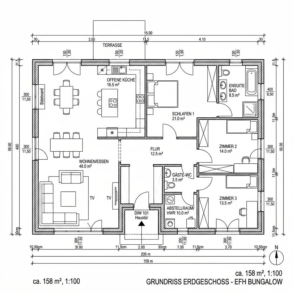 Grundriss Atrium-Bungalow 158 von HELMA Eigenheimbau