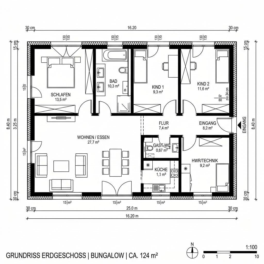 Grundriss Bungalow Gartenzeile 124 von HELMA Eigenheimbau