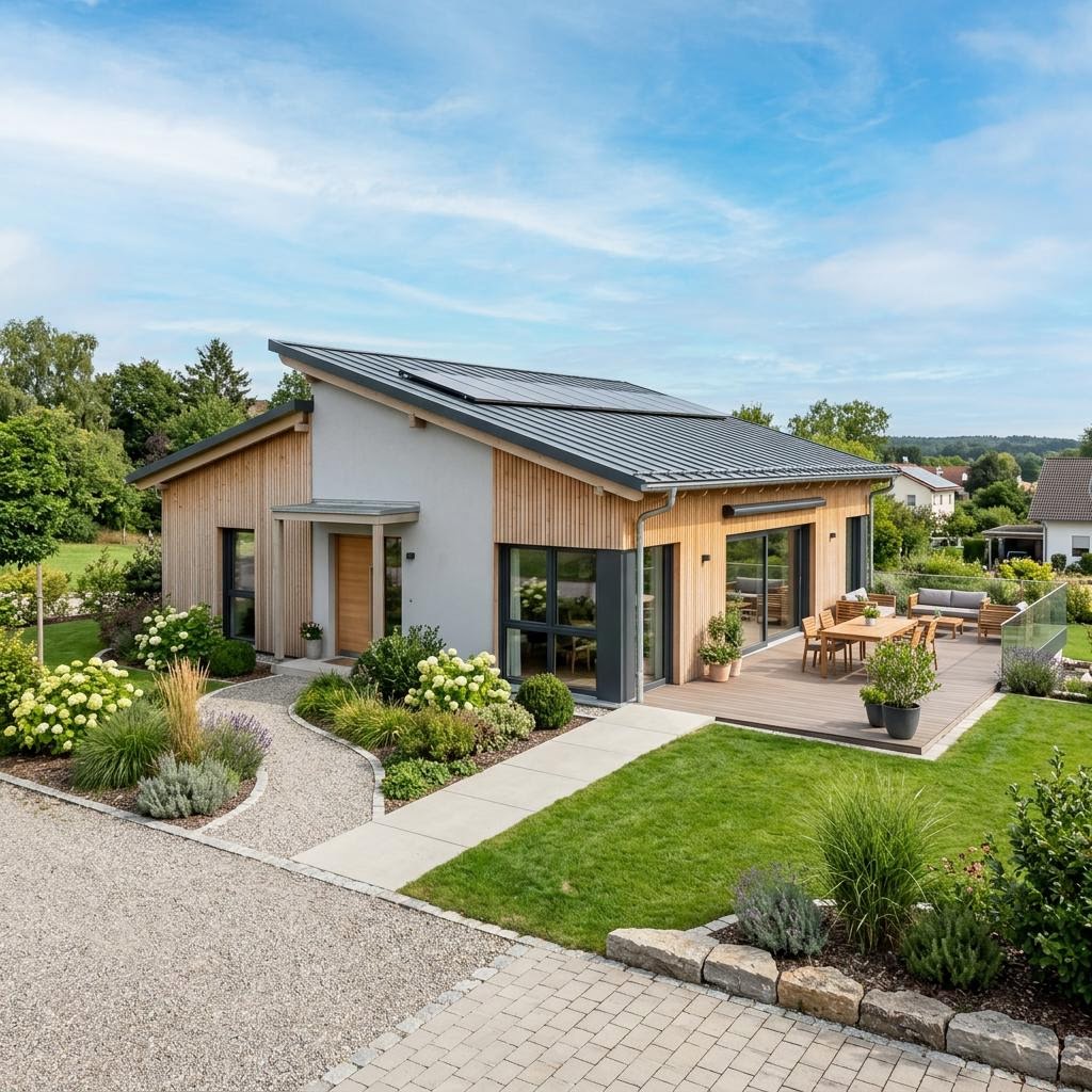 Pult Bungalow Solar 135 von Kitzlinger Haus Bungalow Pult Bungalow Solar 135 von Kitzlinger Haus — ebenerdiges Holzfertighaus mit Pultdach