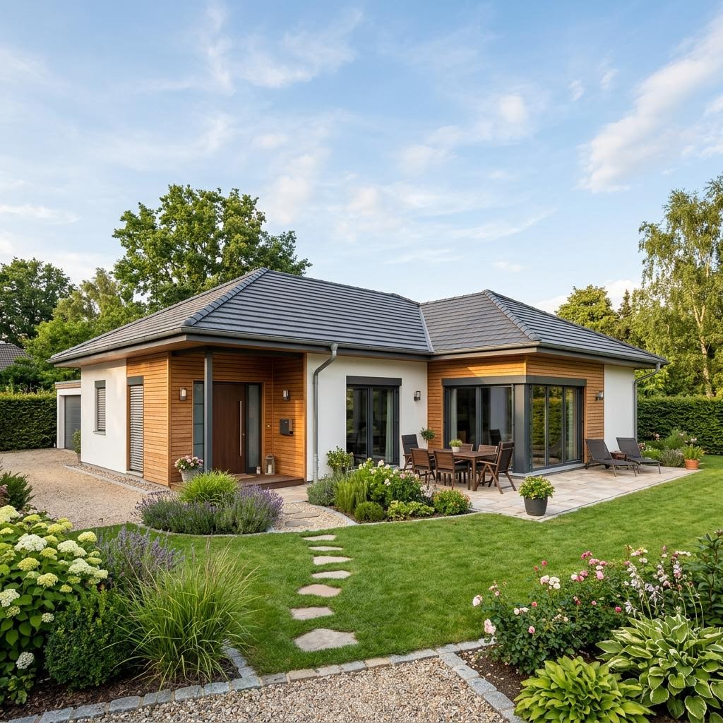 Bungalow Homestory Bungalow 120 von LEHNER HAUS — ebenerdiges Holzfertighaus mit Walmdach