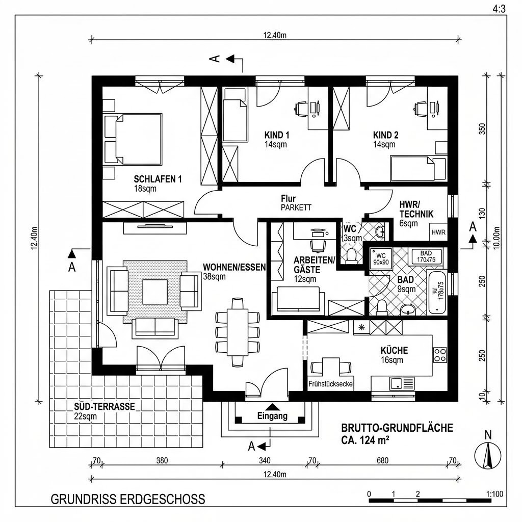 Grundriss Pro Bungalow 124 von ProHaus — 124 m², 4 Zimmer