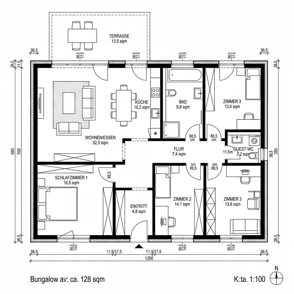 Grundriss Ziegel-Winkelbungalow 128 Grundriss Ziegel-Winkelbungalow 128 von Rötzer Ziegel-Element-Haus