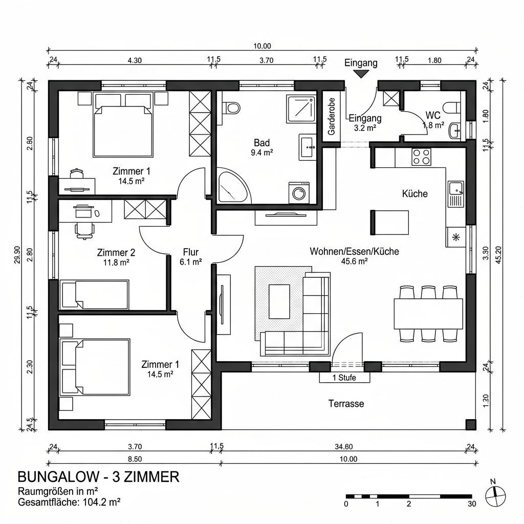 Grundriss Ziegelmassiv-Bungalow 104 Grundriss Ziegelmassiv-Bungalow 104 von Rötzer Ziegel-Element-Haus