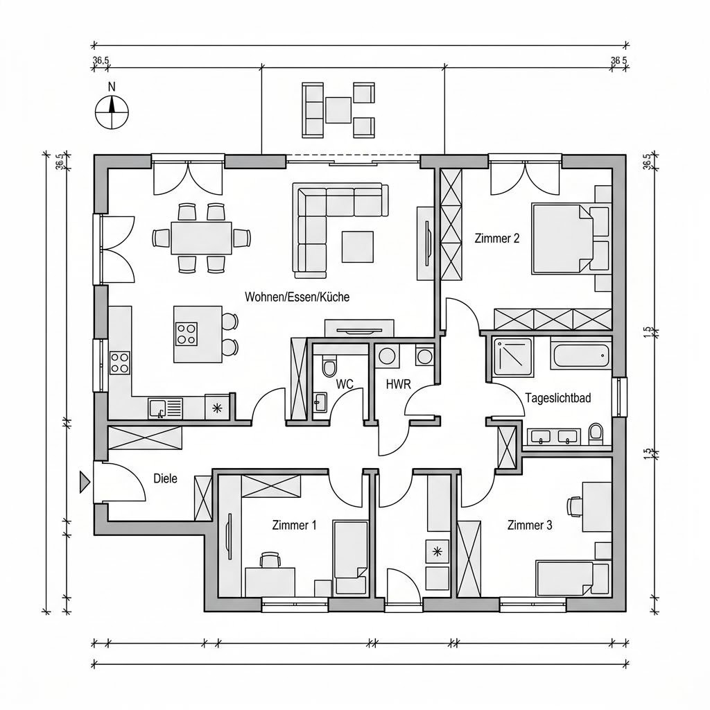 Grundriss Bungalow SH 124 B – 124 m² Bungalow mit 4 Zimmern