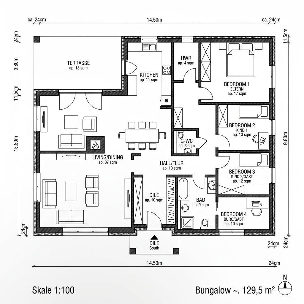 Grundriss Bungalow 129 von Suckfüll Energiesparhaus