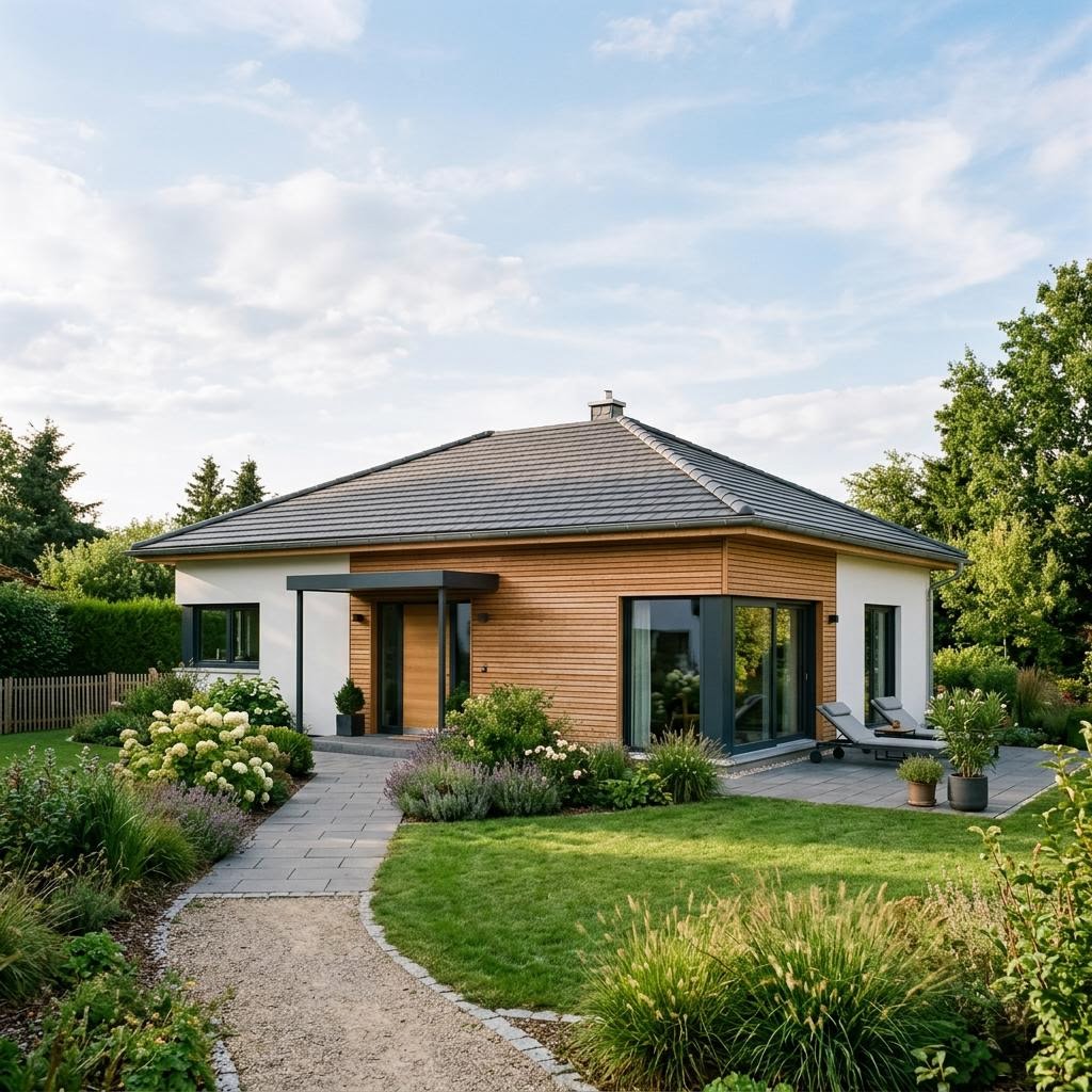 Bungalow 112 von TALBAU-Haus Bungalow 112 von TALBAU-Haus — ebenerdiges Holzfertighaus mit Walmdach und 112 m²
