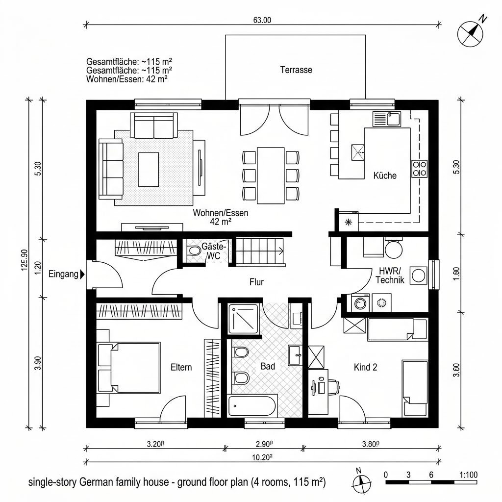 Grundriss Massiv Bungalow 115 von Team Massivhaus