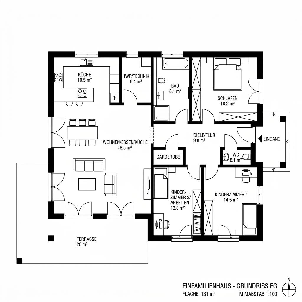 Grundriss Bungalow 131 von Town & Country Haus — 131 m², 4 Zimmer