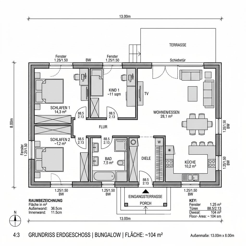 Grundriss Bunganlow 236 von WEIOTT-Massiv-Haus — 104 m², 3 Zimmer