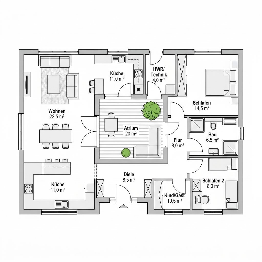 Modulhaus Atrium 90 von CABIN ONE — L-förmiges Holzmodulhaus mit Innenhof und 90 m²