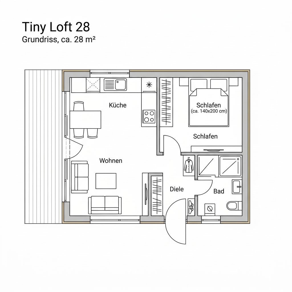 Tiny House Tiny Loft 28 von CABIN ONE — loftartiges Holzmodul-Minihaus mit Flachdach und 28 m²