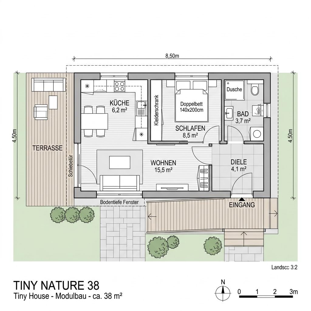 Tiny House Tiny Nature 38 von CABIN ONE — naturnahes Holzmodul-Minihaus mit Flachdach und 38 m²