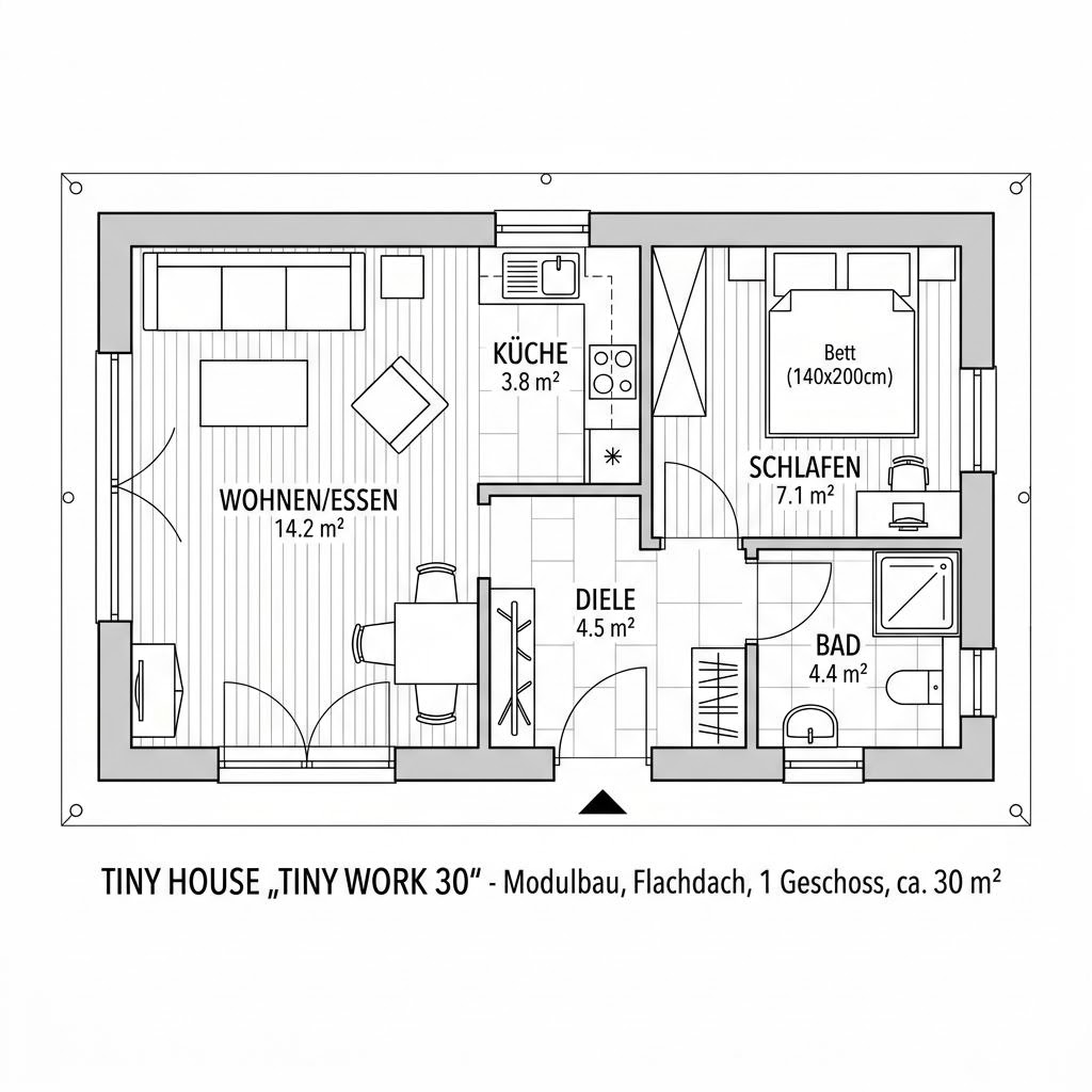 Tiny House Tiny Work 30 von CABIN ONE — Holzmodul-Minihaus mit Homeoffice, Flachdach und 30 m²