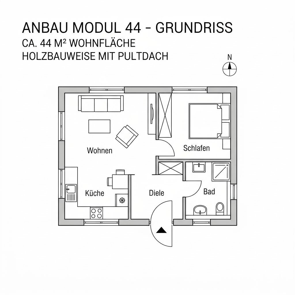 Grundriss Anbau Modul 44 – 44 m² Anbau / Aufstockung mit 2 Zimmern