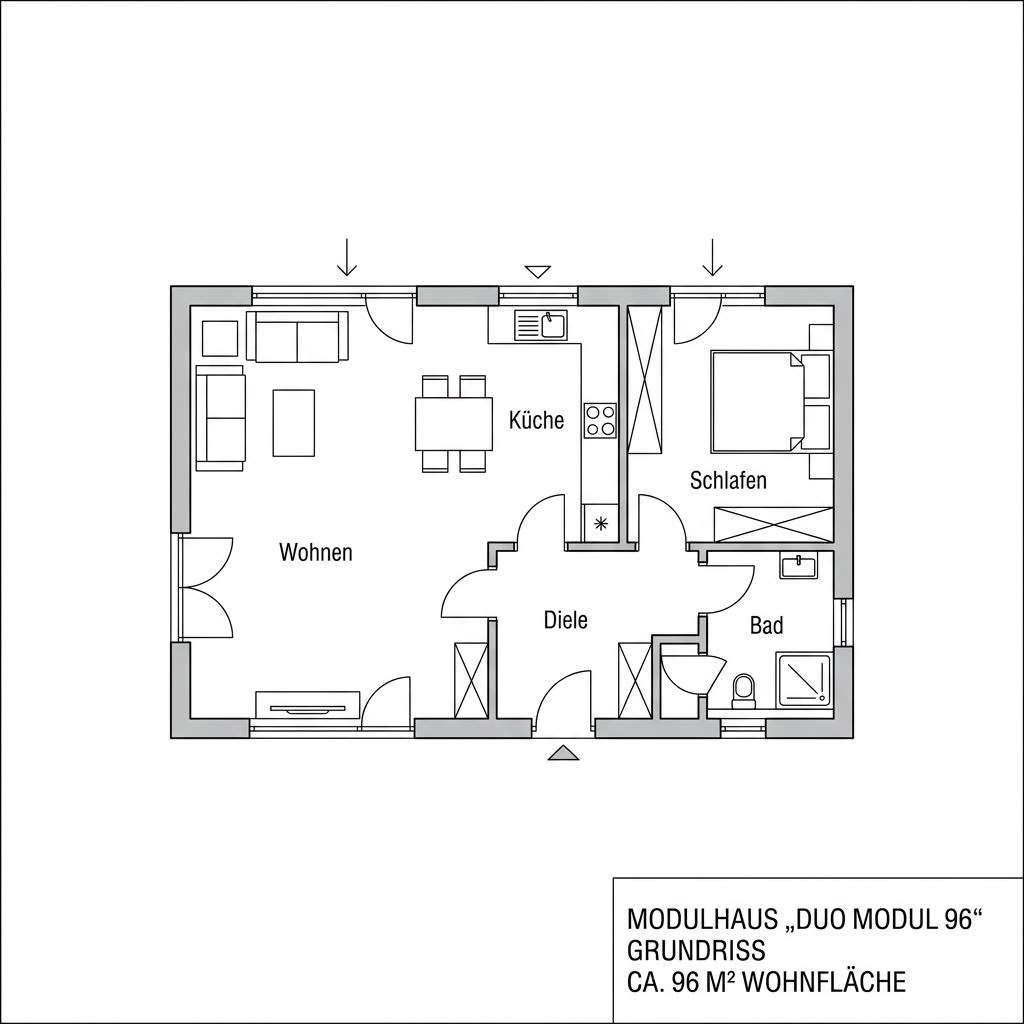 Modulhaus Duo Modul 96 von Commod-Haus — kreislauffähiges Holzmodulhaus mit Pultdach und 96 m²