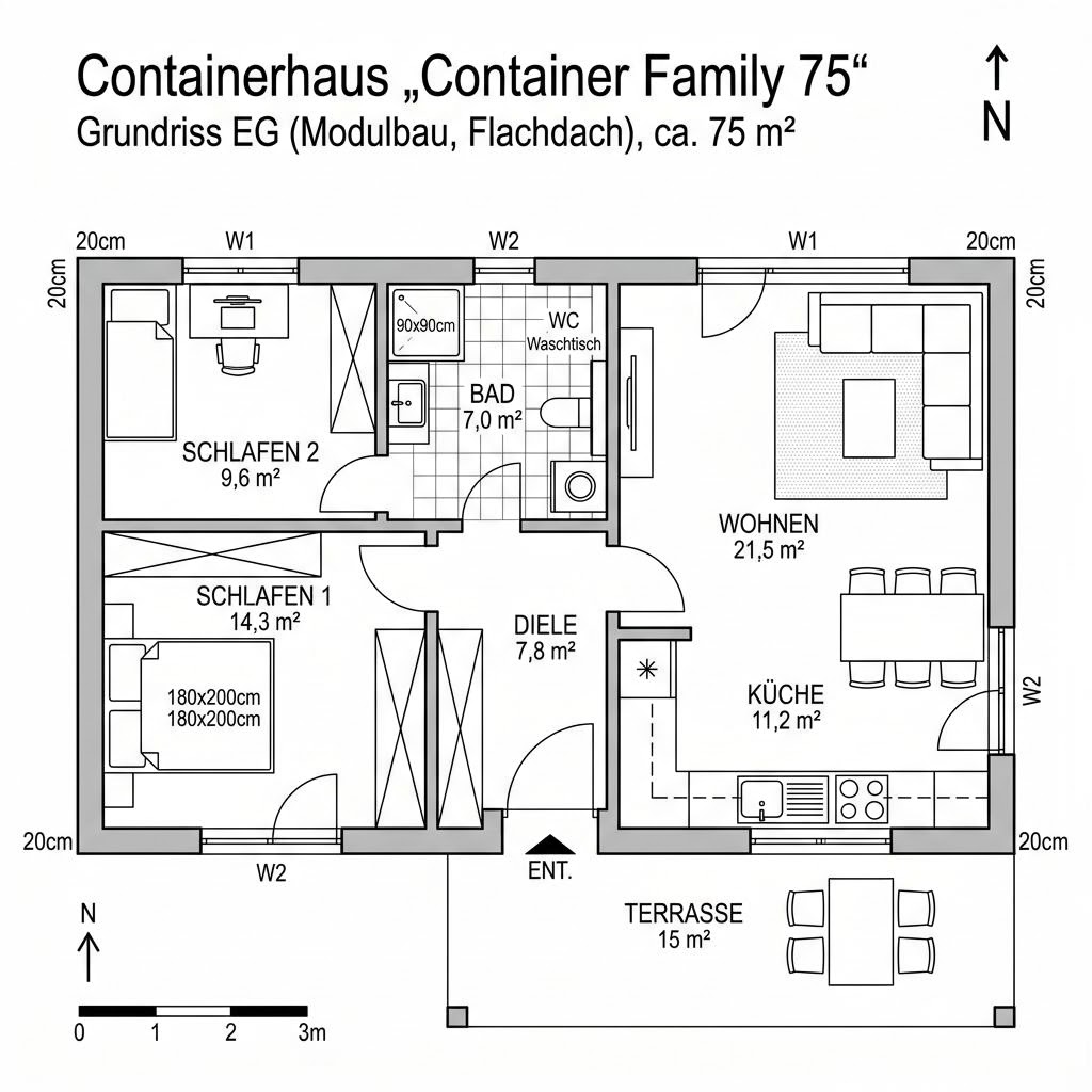 Grundriss Container Family 75 von Conliving — 75 m², 4 Zimmer