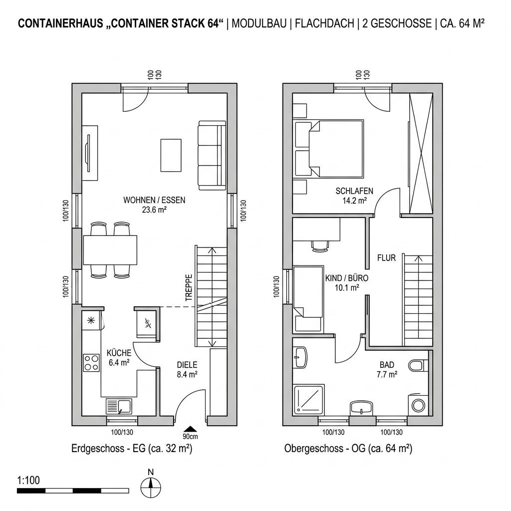 Containerhaus Container Stack 64 von Conliving — zweigeschossiges Wohncontainer-Haus mit Flachdach und 64 m²