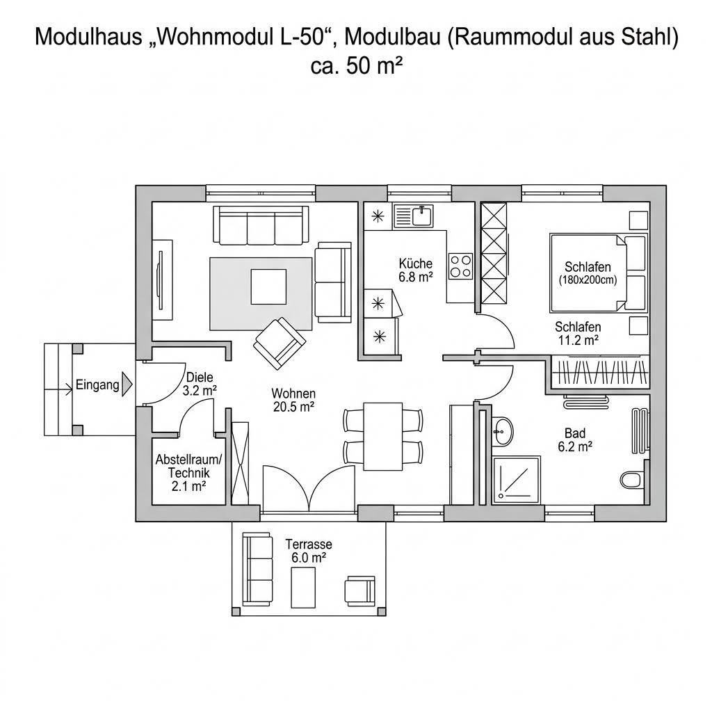 Grundriss Wohnmodul L-50 von Conliving — 50 m², 2 Zimmer